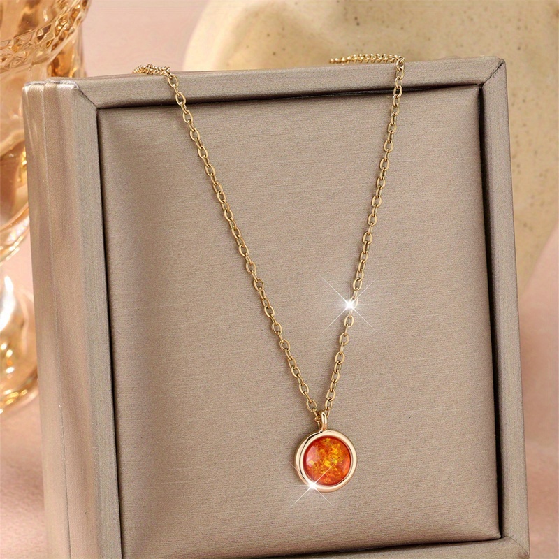 Golden Round-Cut Orange Stone Necklace, Valentine's Gift